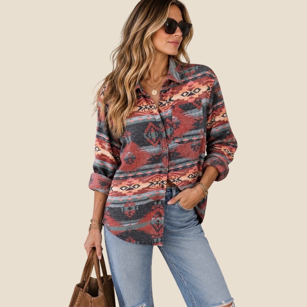 Southwestern Flannel Shirt Long Sleeve Tribal Aztec Western Womens M Outdoor